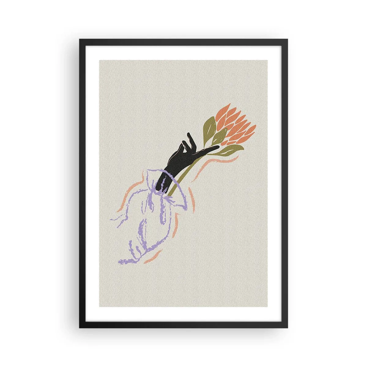 Plakát v černém rámu - Abstraktní kresba ruky držící kytici květin - 50x70cm - Sesterský dotek - Moderní nástěnná dekorace do obývacího pokoje a ložnice ARTTOR