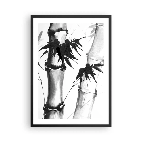Plakát v černém rámu - Bambusové stonky a listy v černobílém stylu - 50x70cm - Blízký záběr na orient - Moderní nástěnná dekorace do obývacího pokoje a ložnice ARTTOR