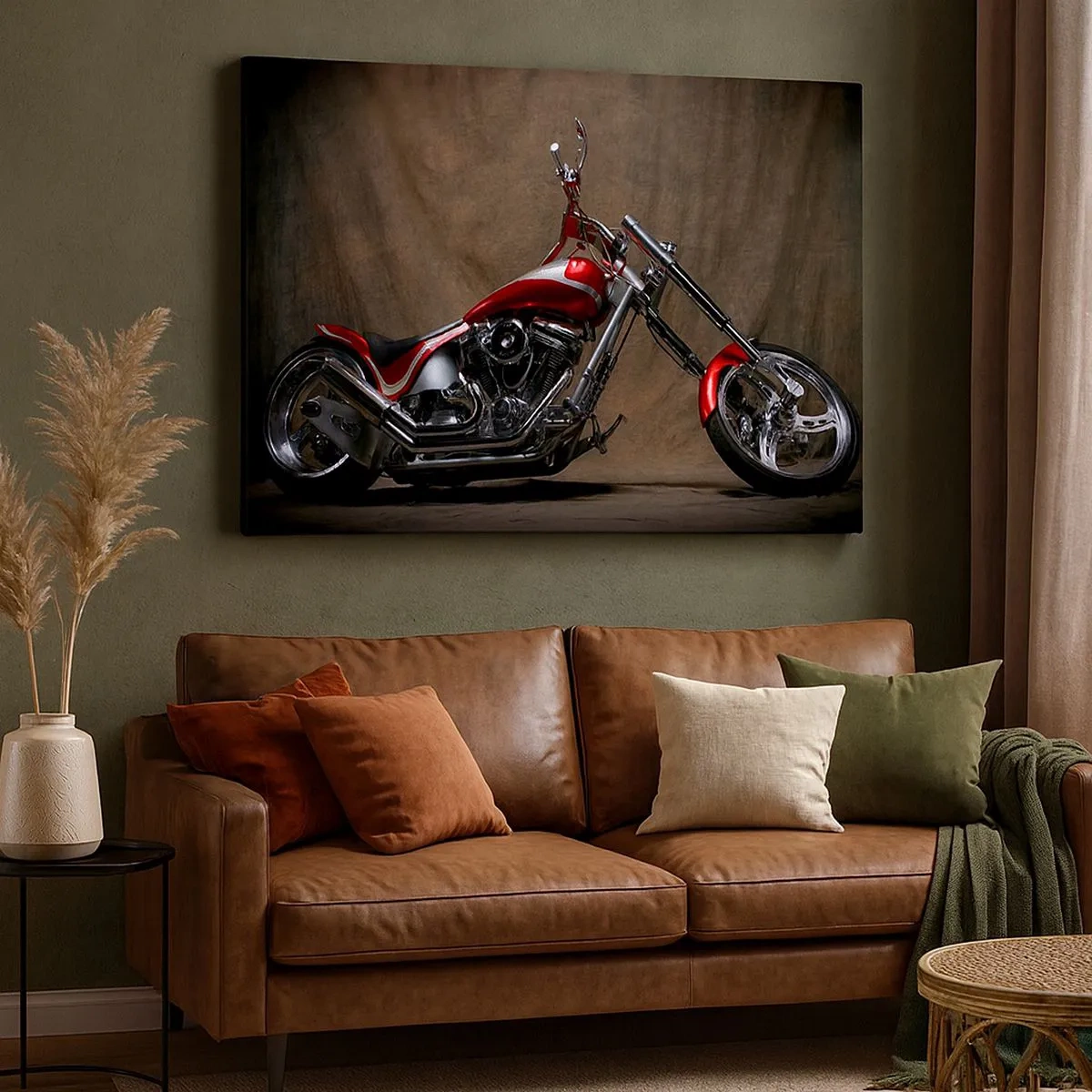 Obraz na plátně - Červený motocykl na zakázku na hnědém látkovém pozadí - 70x50cm - Červeno-stříbrná krása - Moderní nástěnná dekorace do obývacího pokoje a ložnice ARTTOR