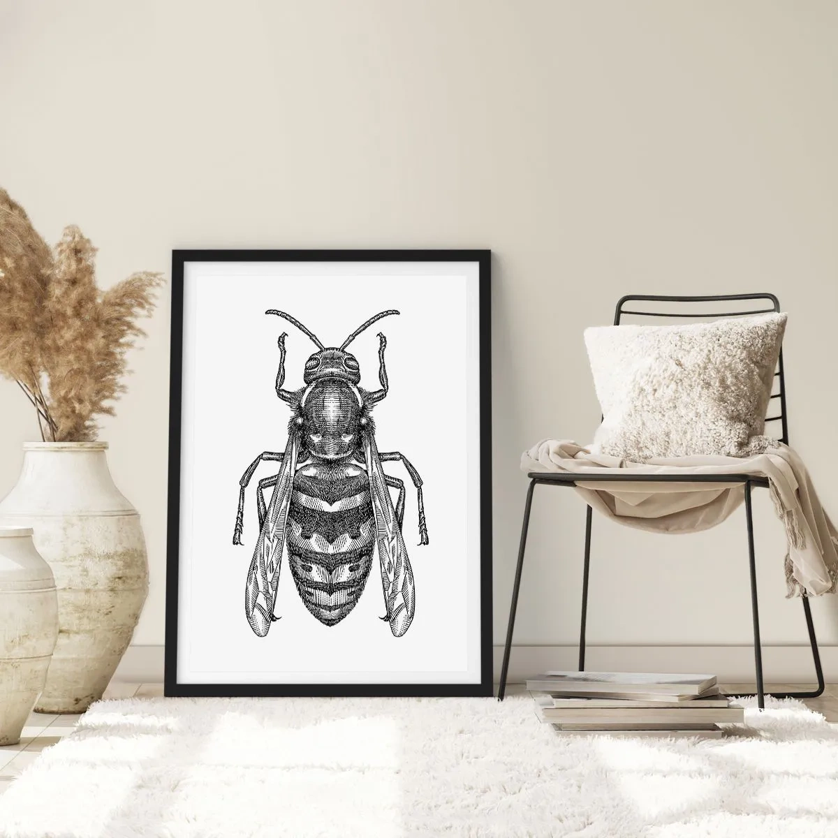Plakát v černém rámu - Detailní ilustrace vosy - 50x70cm - Z hmyzí planety - Moderní nástěnná dekorace do obývacího pokoje a ložnice ARTTOR