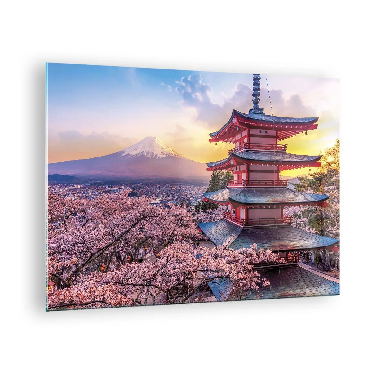 Obraz na skle - Pagoda v japonské krajině s výhledem na horu Fudži a kvetoucí stromy - 70x50cm - Podstata japonského ducha - Moderní nástěnná dekorace do obývacího pokoje a ložnice ARTTOR