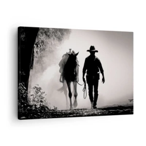Obraz na plátně - Kovboj s koněm v ranní mlze - 70x50cm - Texaské ráno - Moderní nástěnná dekorace do obývacího pokoje a ložnice ARTTOR