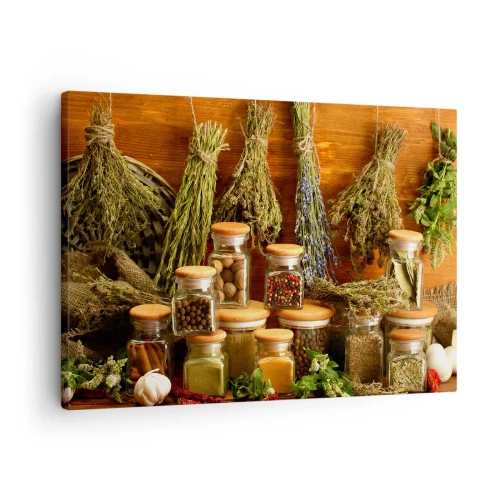 Obraz na plátně - Bylinky a koření ve sklenicích na rustikálním pozadí - 70x50cm - Kuchyňská kouzla - Moderní nástěnná dekorace do obývacího pokoje a ložnice ARTTOR