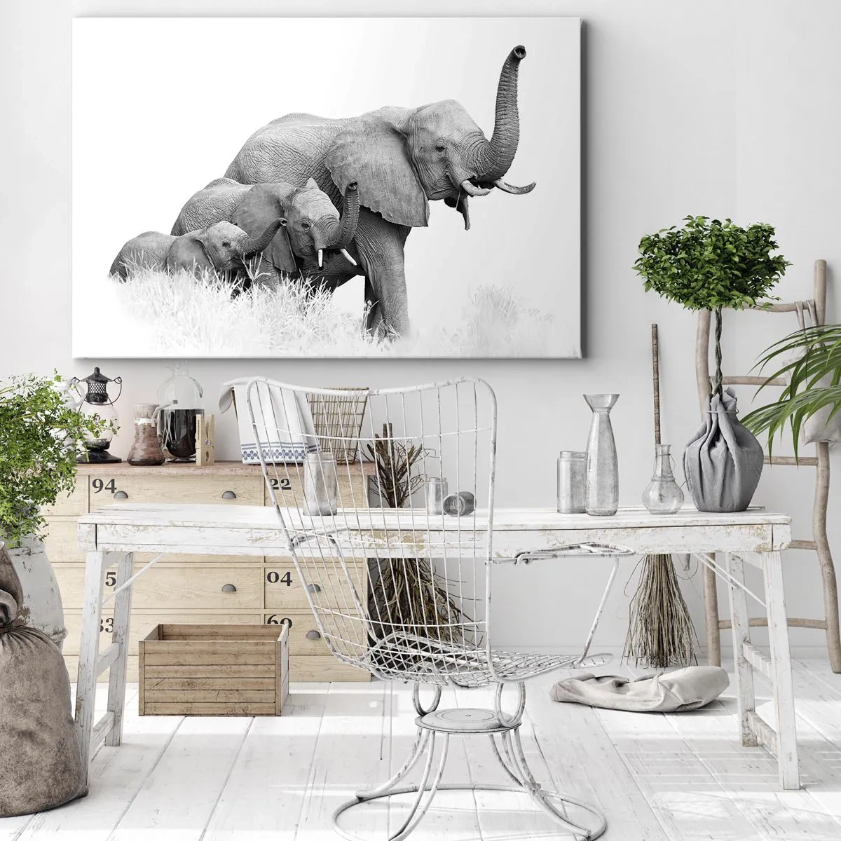 Obraz na plátně - Rodina slonů na pozadí africké krajiny v černé a bílé. - 70x50cm - Jedna, dvě, tři - Moderní nástěnná dekorace do obývacího pokoje a ložnice ARTTOR