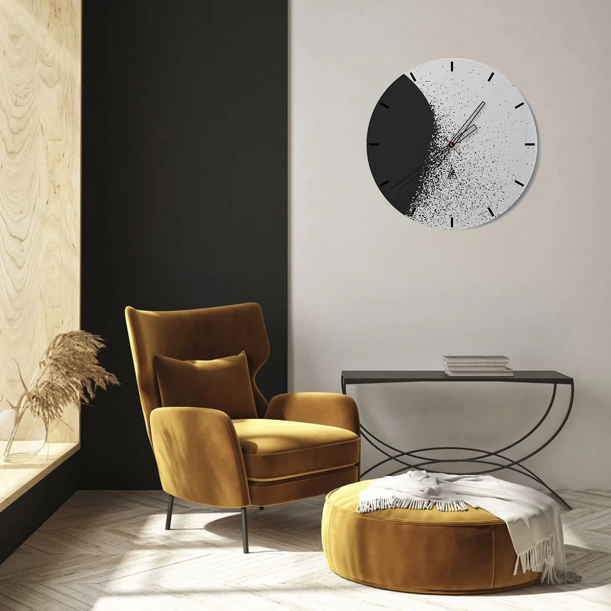 Nástěnné hodiny - Černobílý abstraktní vzor s rozptýlenými tečkami - 30x30cm - Pohyb částic - Moderní nástěnná dekorace do obývacího pokoje, kuchyně a ložnice ARTTOR