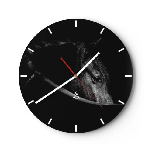 Nástěnné hodiny - Portrét černého koně na tmavém pozadí - 30x30cm - Černý kníže - Moderní nástěnná dekorace do obývacího pokoje, kuchyně a ložnice ARTTOR