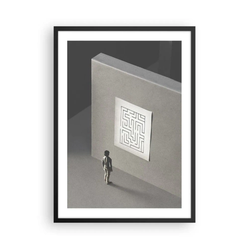 Plakát v černém rámu - Postava před minimalistickým bludištěm - 50x70cm - Kde to ale jsem? - Moderní nástěnná dekorace do obývacího pokoje a ložnice ARTTOR
