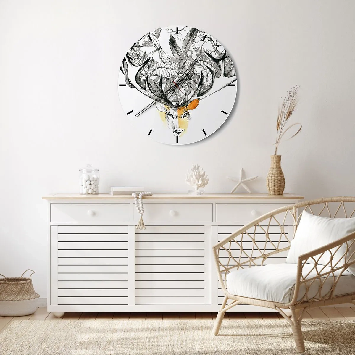 Nástěnné hodiny - Umělecká kresba jelena s roztaženými parohy a listy - 30x30cm - Rohy hojnosti - Moderní nástěnná dekorace do obývacího pokoje, kuchyně a ložnice ARTTOR