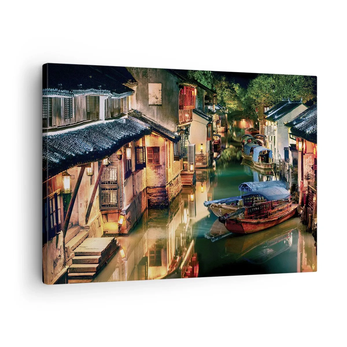 Obraz na plátně - Noční pohled na kanály s tradičními loděmi a domy - 70x50cm - Večer na čínské ulici - Moderní nástěnná dekorace do obývacího pokoje a ložnice ARTTOR
