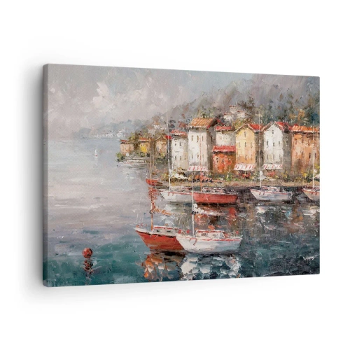 Obraz na plátně - Přímořská scenérie s loděmi a barevnými domy - 70x50cm - Romantický přístav - Moderní nástěnná dekorace do obývacího pokoje a ložnice ARTTOR