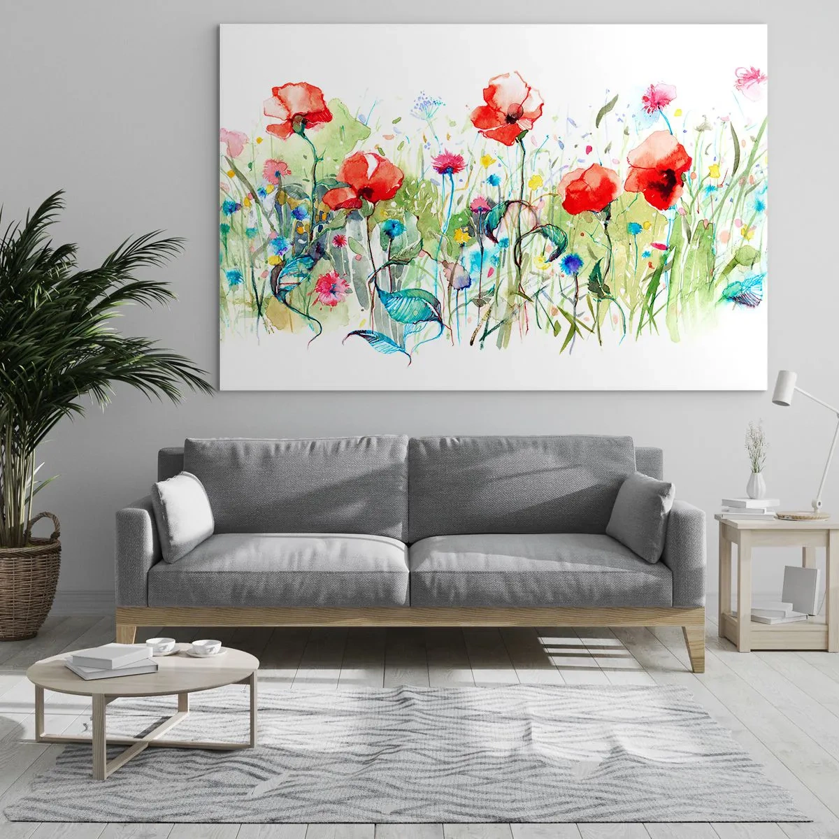 Obraz na skle - Barevné máky a divoké květiny ve stylu akvarelu - 70x50cm - Kvetoucí louka v květnu - Moderní nástěnná dekorace do obývacího pokoje a ložnice ARTTOR