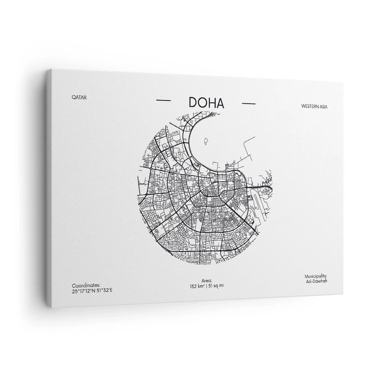 Obraz na plátně - Minimalistická černobílá mapa Dauhá s přesnými detaily. - 70x50cm - Anatomie Dauhá - Moderní nástěnná dekorace do obývacího pokoje a ložnice ARTTOR