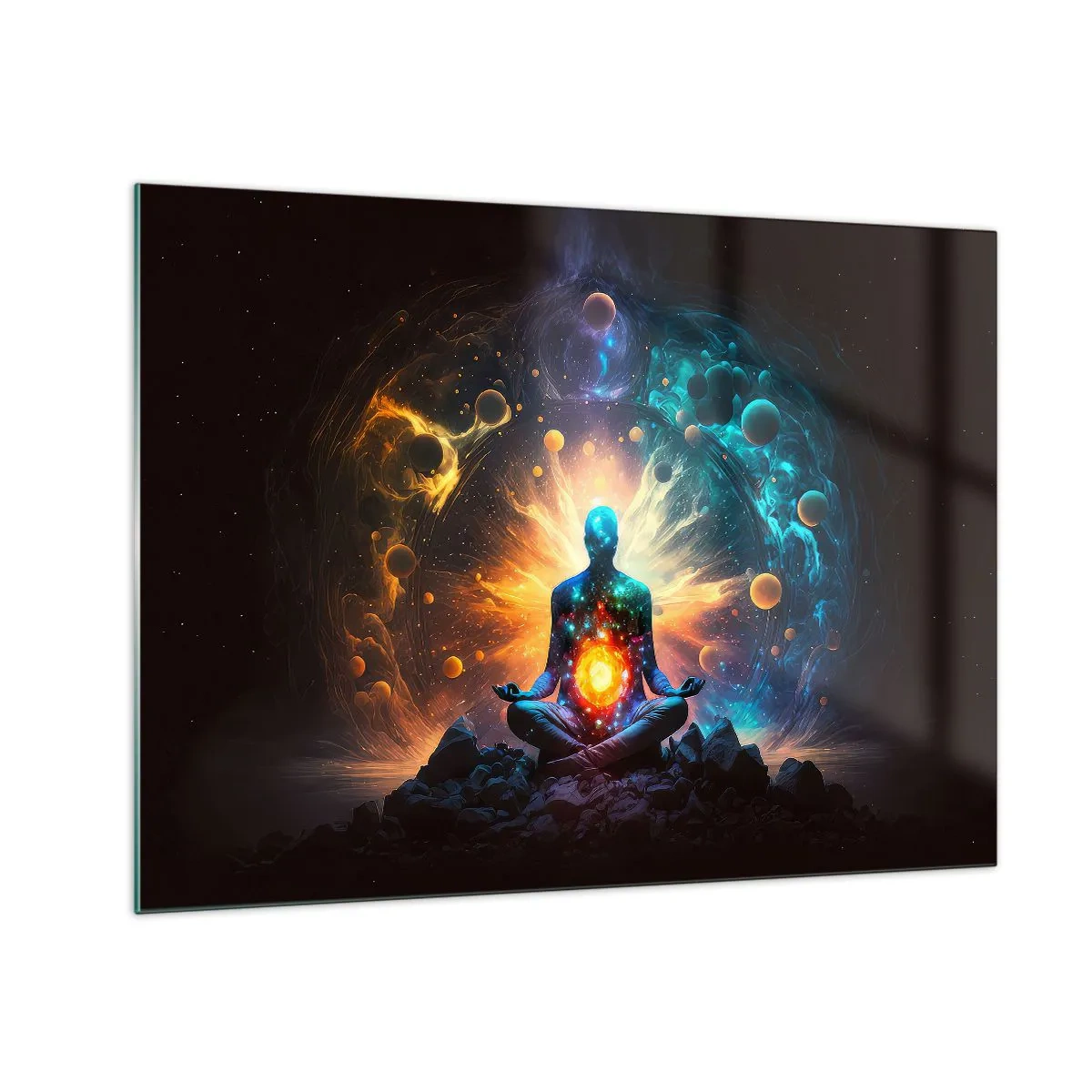 Obraz na skle - Meditující silueta v kosmické explozi barev - 70x50cm - Vesmírný klid - Moderní nástěnná dekorace do obývacího pokoje a ložnice ARTTOR