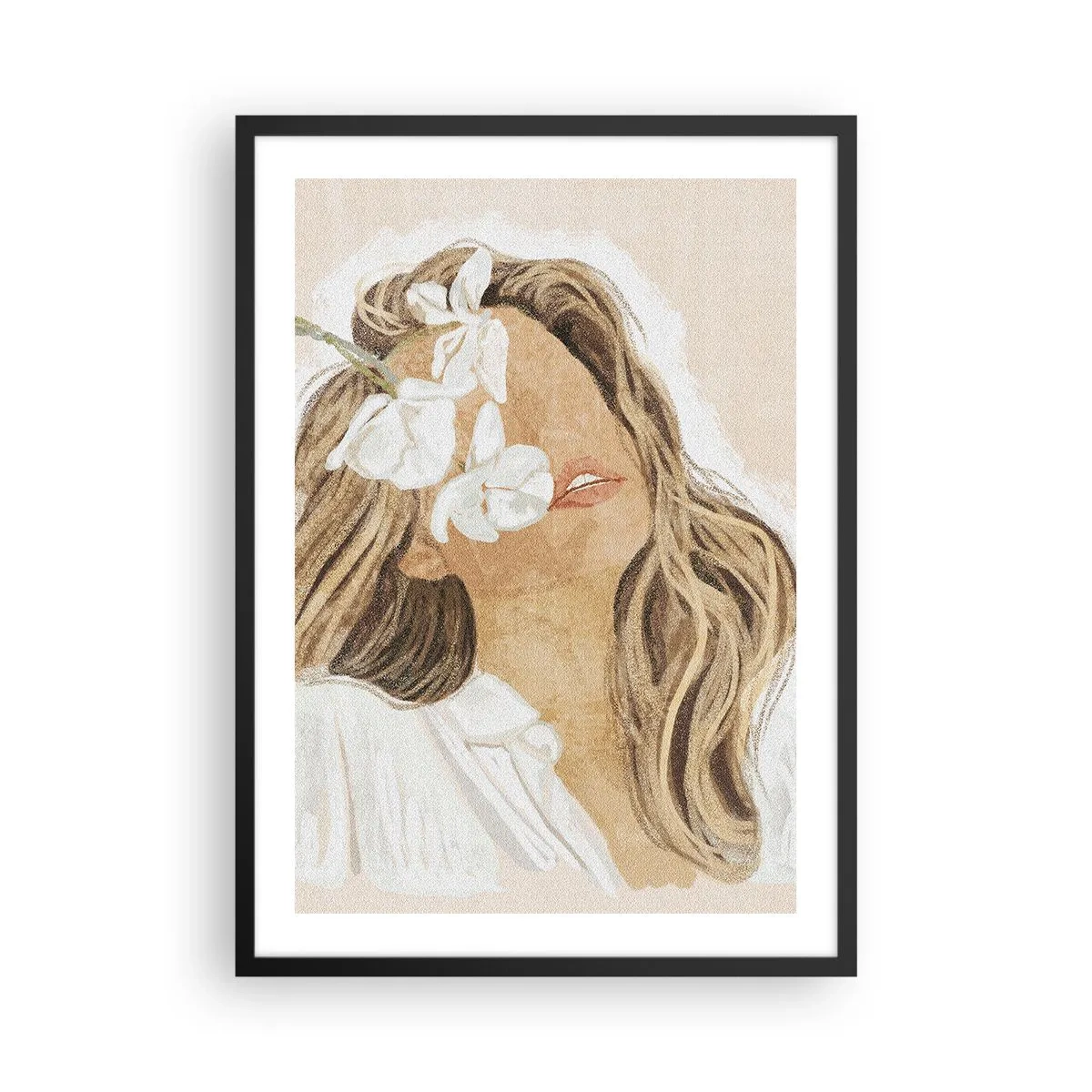 Plakát v černém rámu - Portrét ženy s květinami zakrývajícími si tvář - 50x70cm - Mezi květinami - Moderní nástěnná dekorace do obývacího pokoje a ložnice ARTTOR