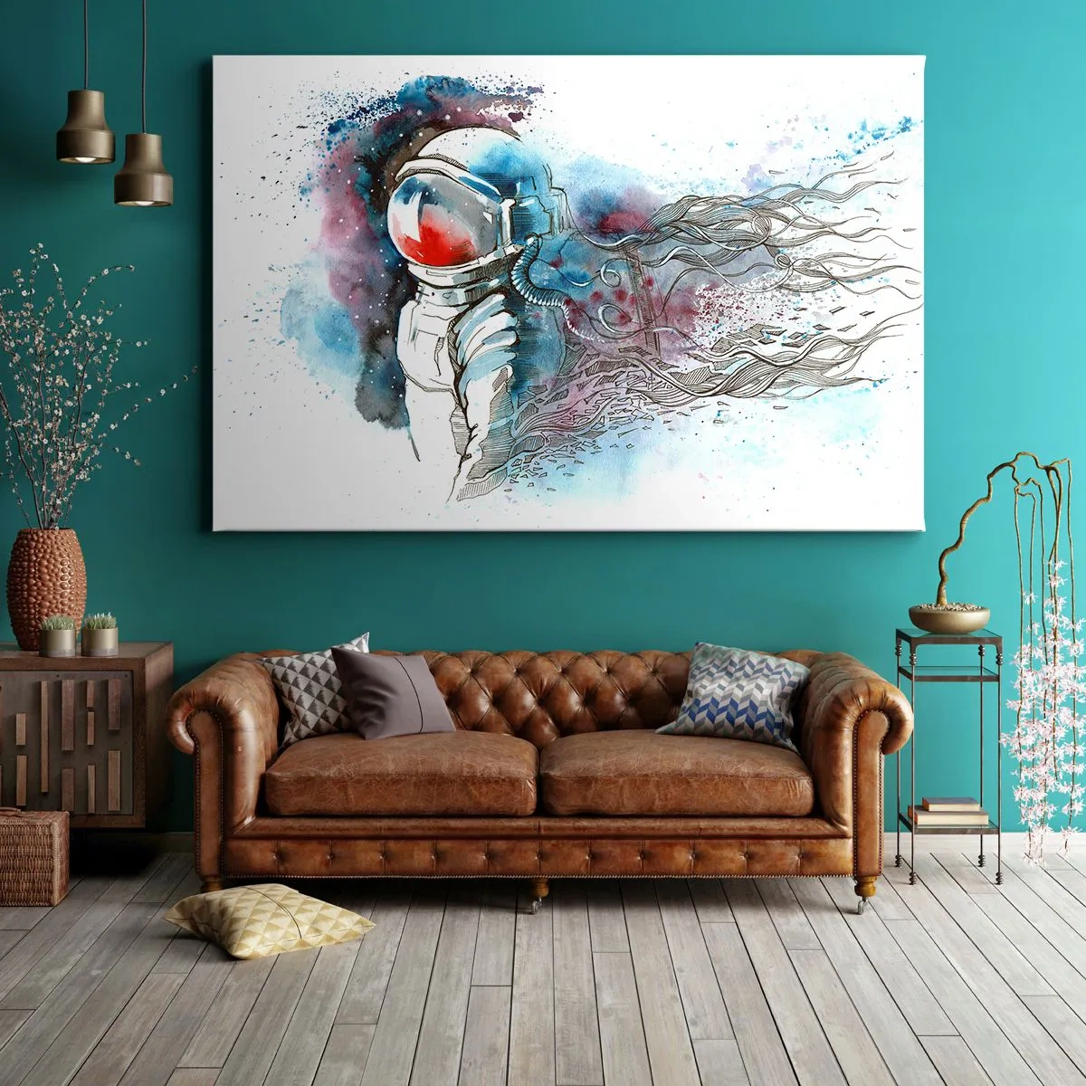 Obraz na plátně - Kosmonaut v dynamickém akvarelu s kosmickými detaily - 70x50cm - Sám s vesmírem - Moderní nástěnná dekorace do obývacího pokoje a ložnice ARTTOR