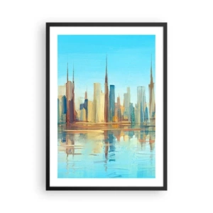 Plakát v černém rámu - Barevné panorama města s odrazem ve vodě - 50x70cm - Prosluněná metropole - Moderní nástěnná dekorace do obývacího pokoje a ložnice ARTTOR