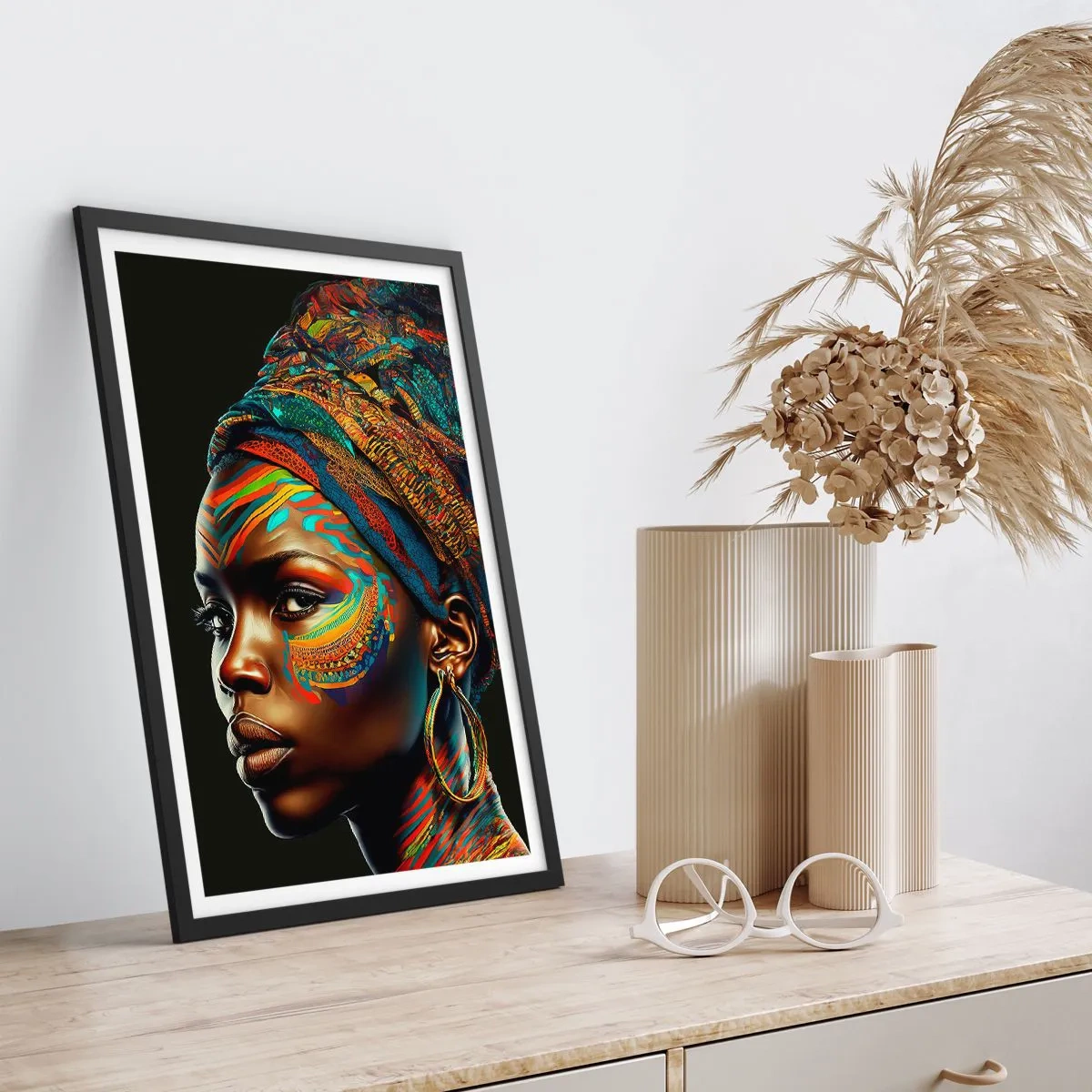 Plakát v černém rámu - Portrét ženy v barevném šátku a etnickém make-upu - 50x70cm - Africká královna - Moderní nástěnná dekorace do obývacího pokoje a ložnice ARTTOR