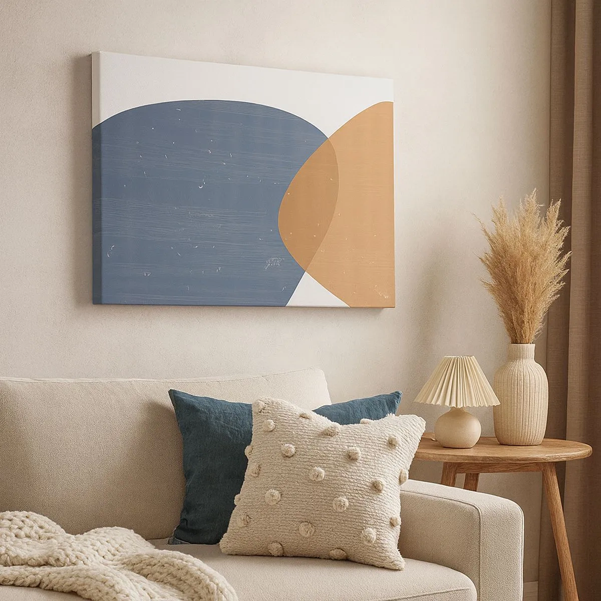 Obraz na plátně - Minimalistická geometrická kompozice v odstínech modré a oranžové. - 70x50cm - Ovály a vlivy - Moderní nástěnná dekorace do obývacího pokoje a ložnice ARTTOR