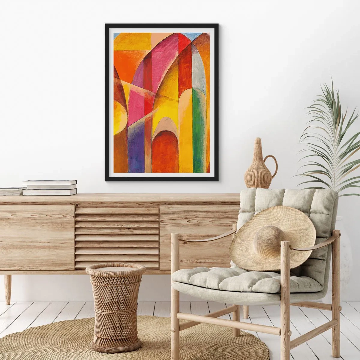 Plakát v černém rámu - Barevná abstrakce s geometrickými tvary - 50x70cm - Katedrála slunce - Moderní nástěnná dekorace do obývacího pokoje a ložnice ARTTOR