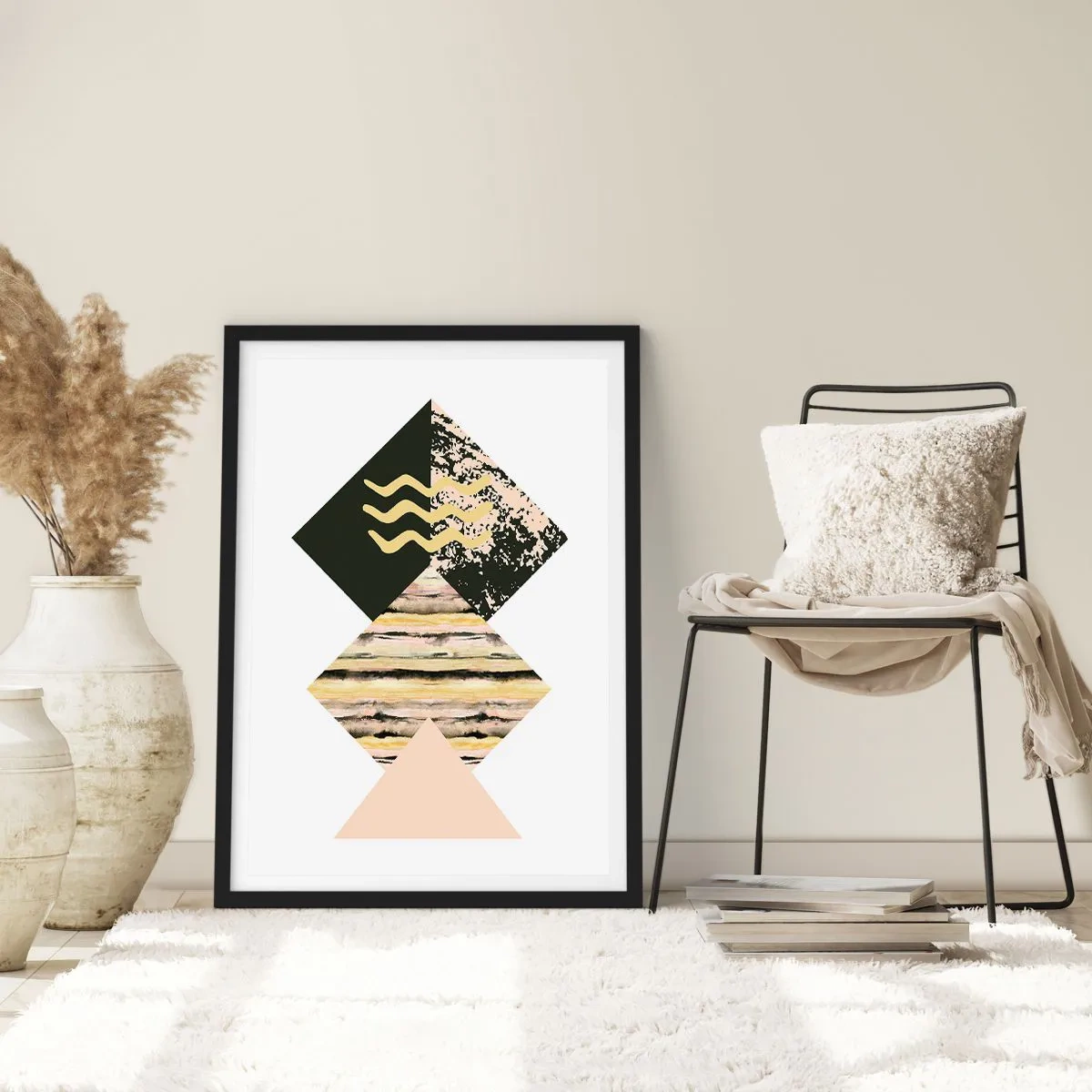 Plakát v černém rámu - Abstraktní geometrické kompozice v jemných barvách - 50x70cm - Není to tak jednoduché - Moderní nástěnná dekorace do obývacího pokoje a ložnice ARTTOR