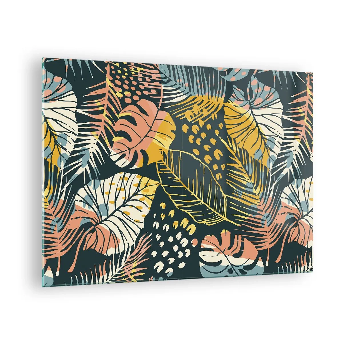 Obraz na skle - Vzor tropického listí v zářivých barvách, plný energie a exotiky. - 70x50cm - Listová fantazie - Moderní nástěnná dekorace do obývacího pokoje a ložnice ARTTOR