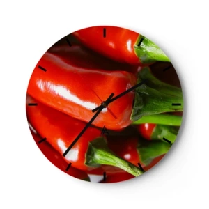 Nástěnné hodiny - Detailní záběr na červené chilli papričky - 30x30cm - Šťavnaté, lesklé, hladké - Moderní nástěnná dekorace do obývacího pokoje, kuchyně a ložnice ARTTOR