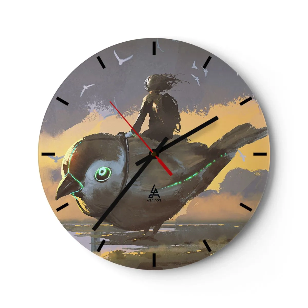 Nástěnné hodiny - Postava na mechanickém ptákovi ve fantasy krajině - 30x30cm - Zastávka na fantastické cestě - Moderní nástěnná dekorace do obývacího pokoje, kuchyně a ložnice ARTTOR