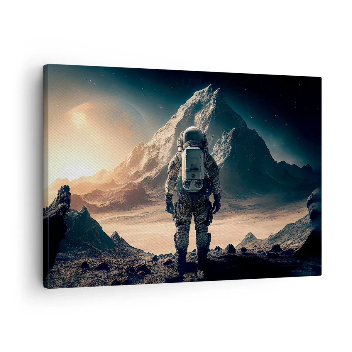 Obraz na plátně - Astronaut na pozadí majestátních hor - 70x50cm - Nová výzva - Moderní nástěnná dekorace do obývacího pokoje a ložnice ARTTOR