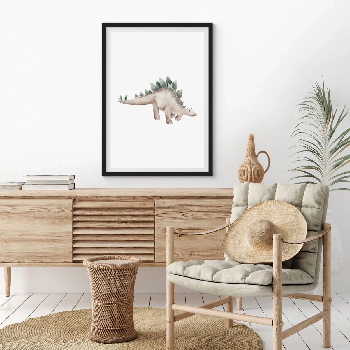 Plakát v černém rámu - Akvarelový dinosaurus v minimalistickém stylu - 50x70cm - Váš přítel - Moderní nástěnná dekorace do obývacího pokoje a ložnice ARTTOR