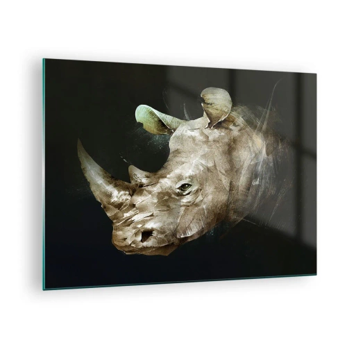 Obraz na skle - Umělecké znázornění hlavy nosorožce na tmavém pozadí - 70x50cm - Skutečně mužná síla - Moderní nástěnná dekorace do obývacího pokoje a ložnice ARTTOR