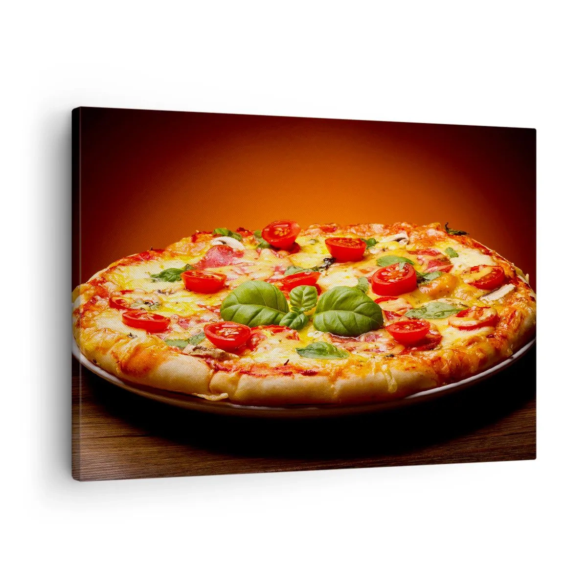 Obraz na plátně - Pizza s rajčaty a bazalkou na dřevěném stole - 70x50cm - Mamma mia! - Moderní nástěnná dekorace do obývacího pokoje a ložnice ARTTOR
