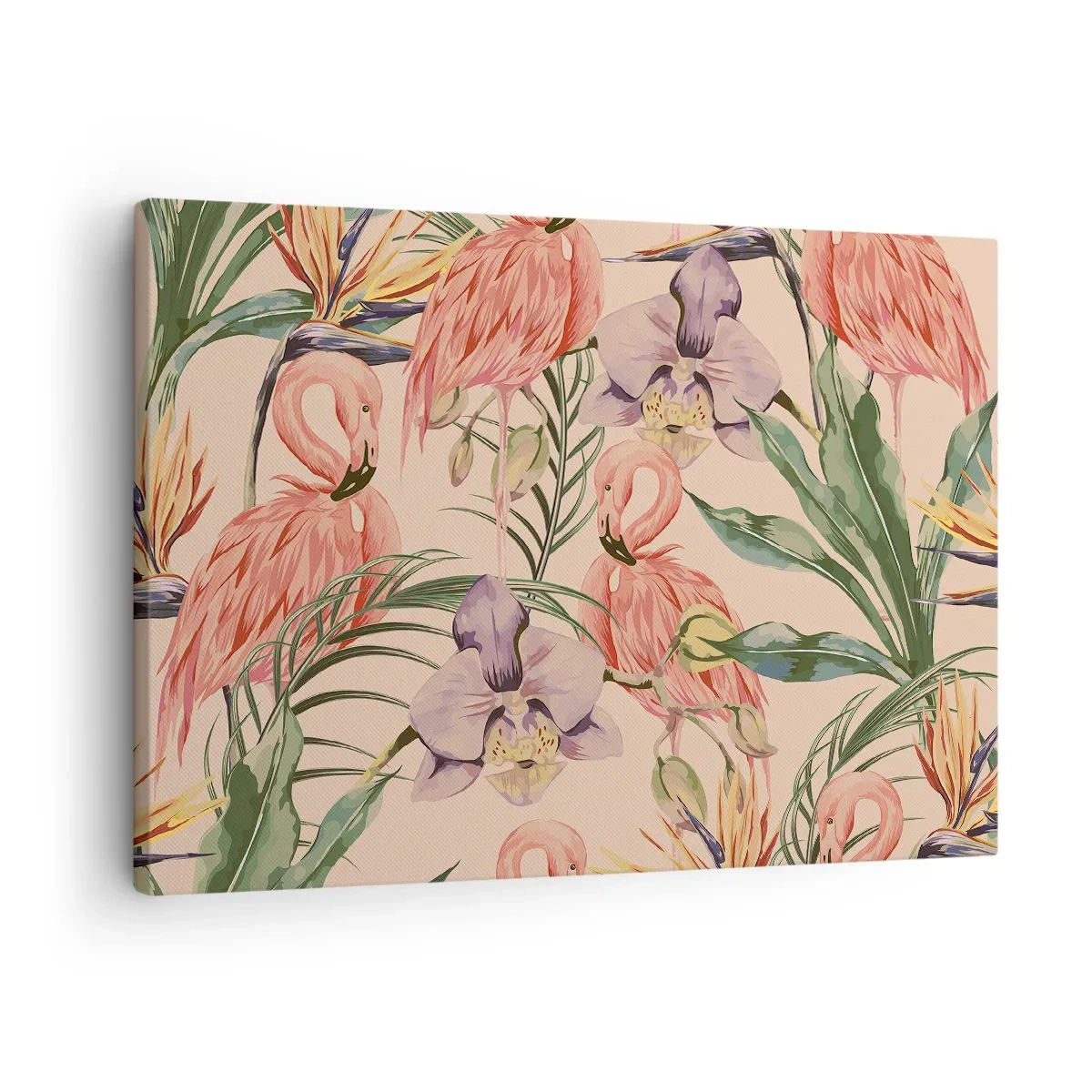 Obraz na plátně - Plameňáci a tropické květiny na světlém pozadí - 70x50cm - Růžový balet v květech - Moderní nástěnná dekorace do obývacího pokoje a ložnice ARTTOR