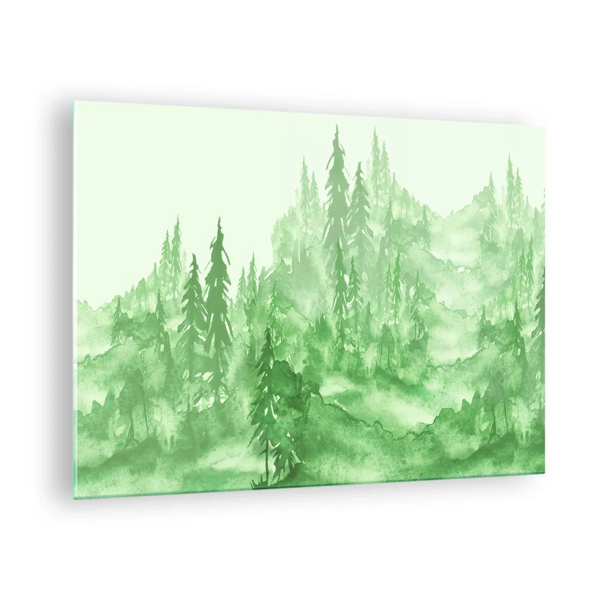 Obraz na skle - Zelený les ve stylu akvarelu - 70x50cm - Rozmazaný zelenou mlhou - Moderní nástěnná dekorace do obývacího pokoje a ložnice ARTTOR