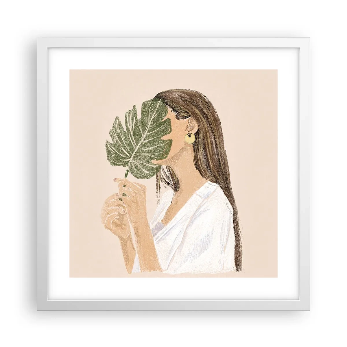 Plakát v bílém rámu - Tajemný portrét s vějířem - 40x40 cm