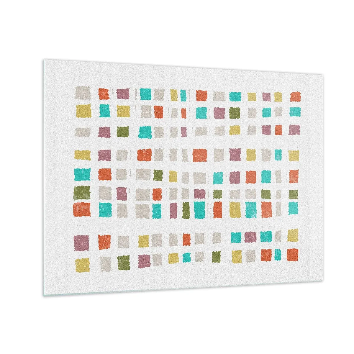 Obraz na skle - Barevná mozaika čtverců na bílém pozadí v abstraktním stylu - 70x50cm - Neznámá hra - Moderní nástěnná dekorace do obývacího pokoje a ložnice ARTTOR