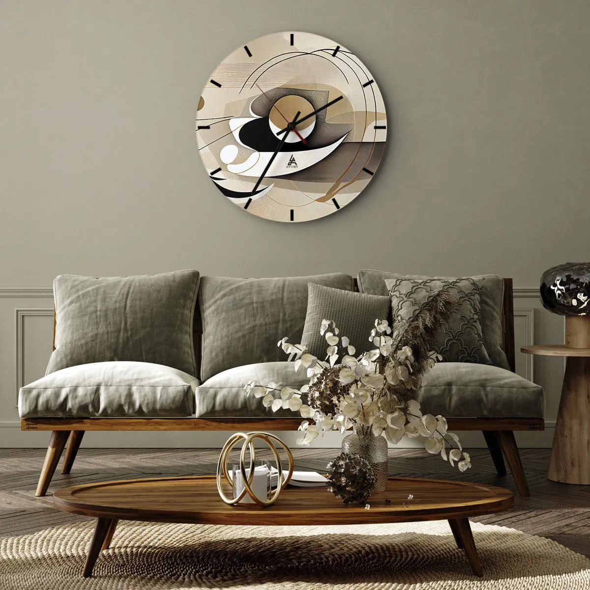 Nástěnné hodiny - Geometrická kompozice s oblouky a tvary v odstínech béžové. - 30x30cm - Kompozice: podstata věcí - Moderní nástěnná dekorace do obývacího pokoje, kuchyně a ložnice ARTTOR