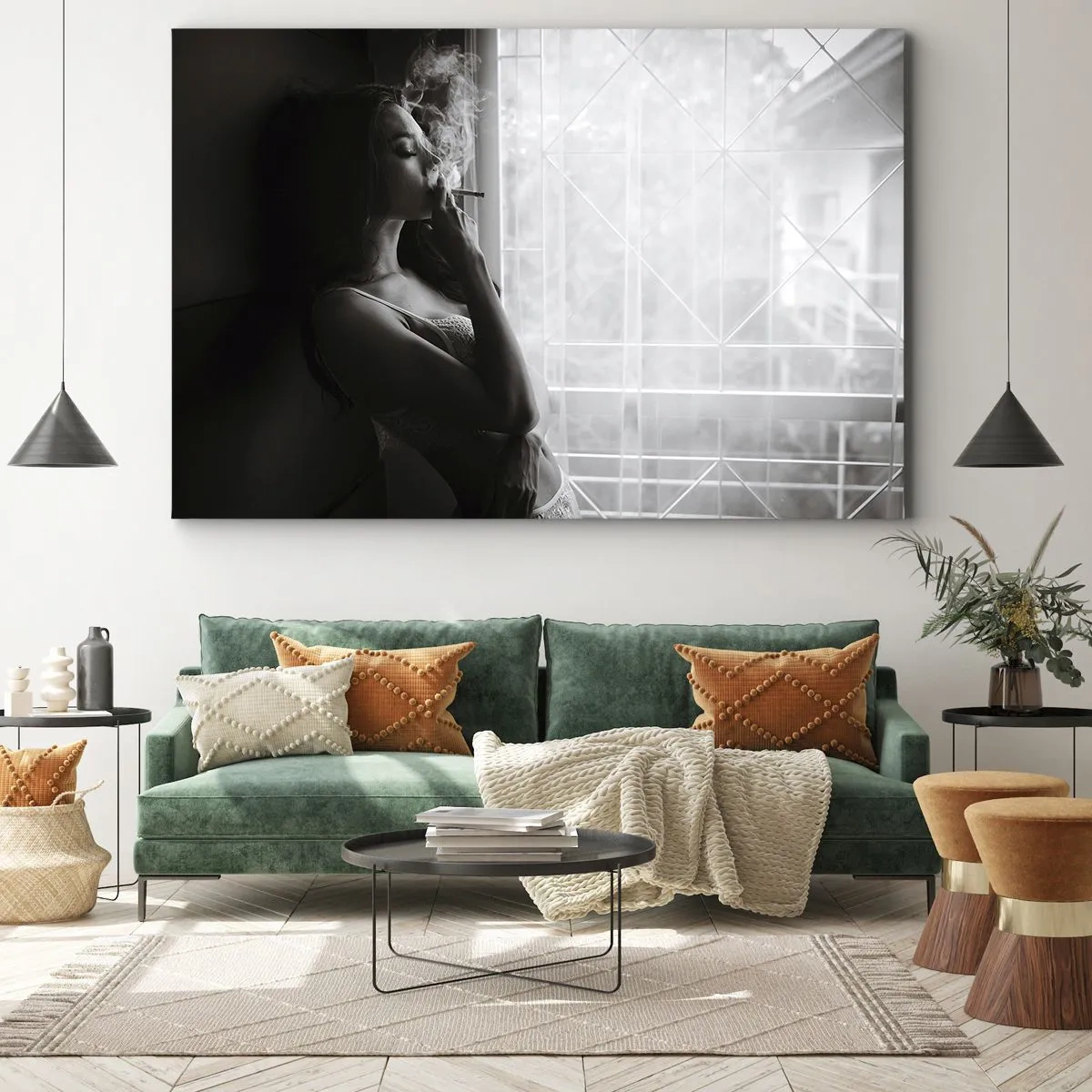 Obraz na plátně - Žena ve smyslné póze na černobílé fotografii - 70x50cm - Smyslný okamžik - Moderní nástěnná dekorace do obývacího pokoje a ložnice ARTTOR