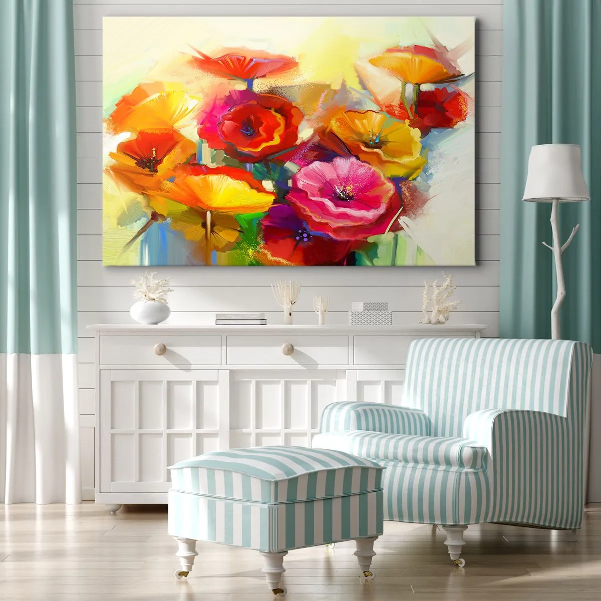 Obraz na plátně - Barevné abstraktní květiny na světlém pozadí - 70x50cm - Nejenom červené - Moderní nástěnná dekorace do obývacího pokoje a ložnice ARTTOR
