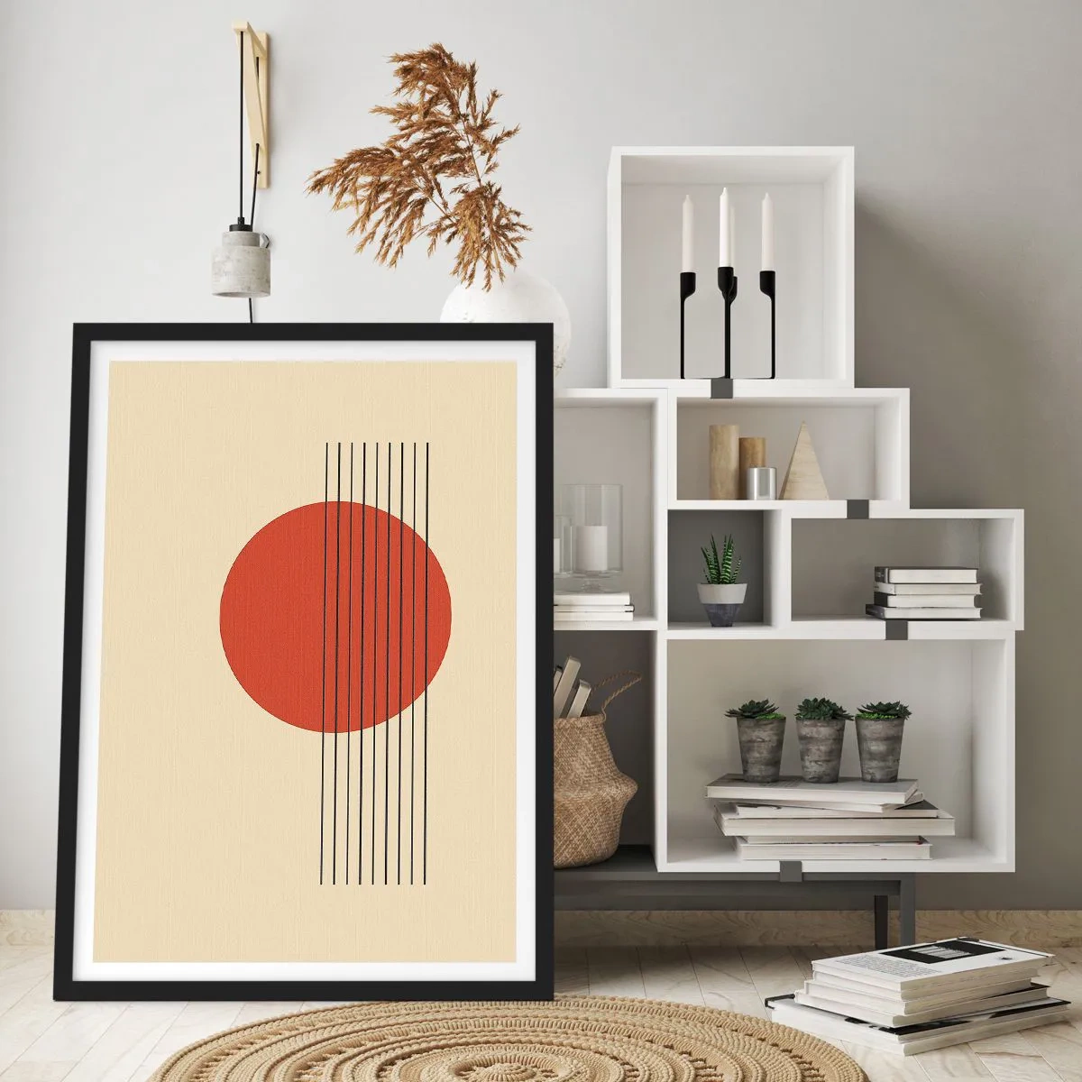 Plakát v černém rámu - Geometrická kompozice s červeným kruhem - 50x70cm - Pořád dokola - Moderní nástěnná dekorace do obývacího pokoje a ložnice ARTTOR