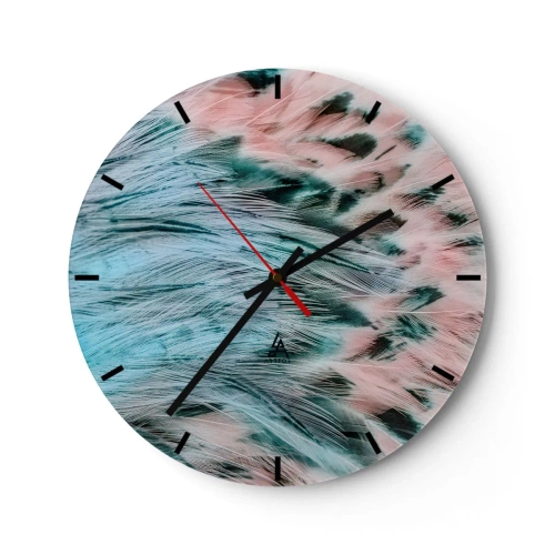 Nástěnné hodiny - Abstraktní vzor peří v odstínech safírové a růžové - 30x30cm - Safírově růžové chmýří - Moderní nástěnná dekorace do obývacího pokoje, kuchyně a ložnice ARTTOR