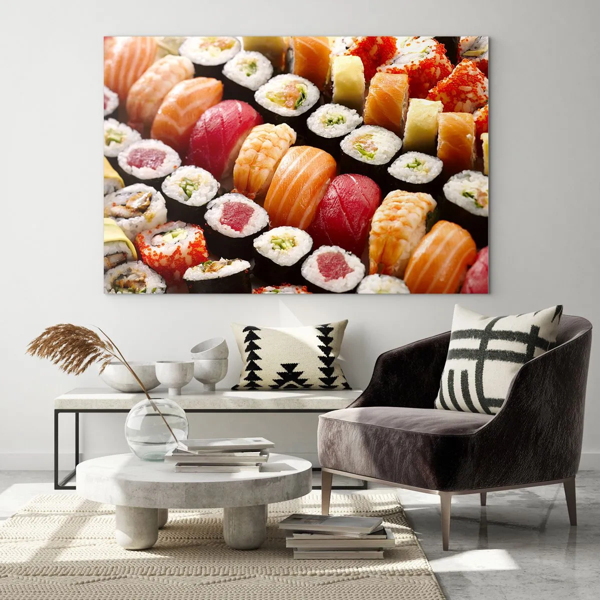 Obraz na skle - Barevné sushi složení s různými ingrediencemi - 70x50cm - Barvy a chutě Asie - Moderní nástěnná dekorace do obývacího pokoje a ložnice ARTTOR