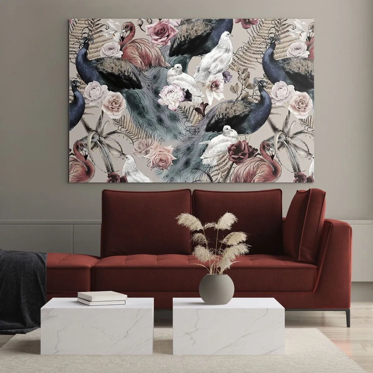Obraz na skle - Pávi a plameňáci obklopení růžemi a kapradinami - 70x50cm - V palácové zahradě - Moderní nástěnná dekorace do obývacího pokoje a ložnice ARTTOR