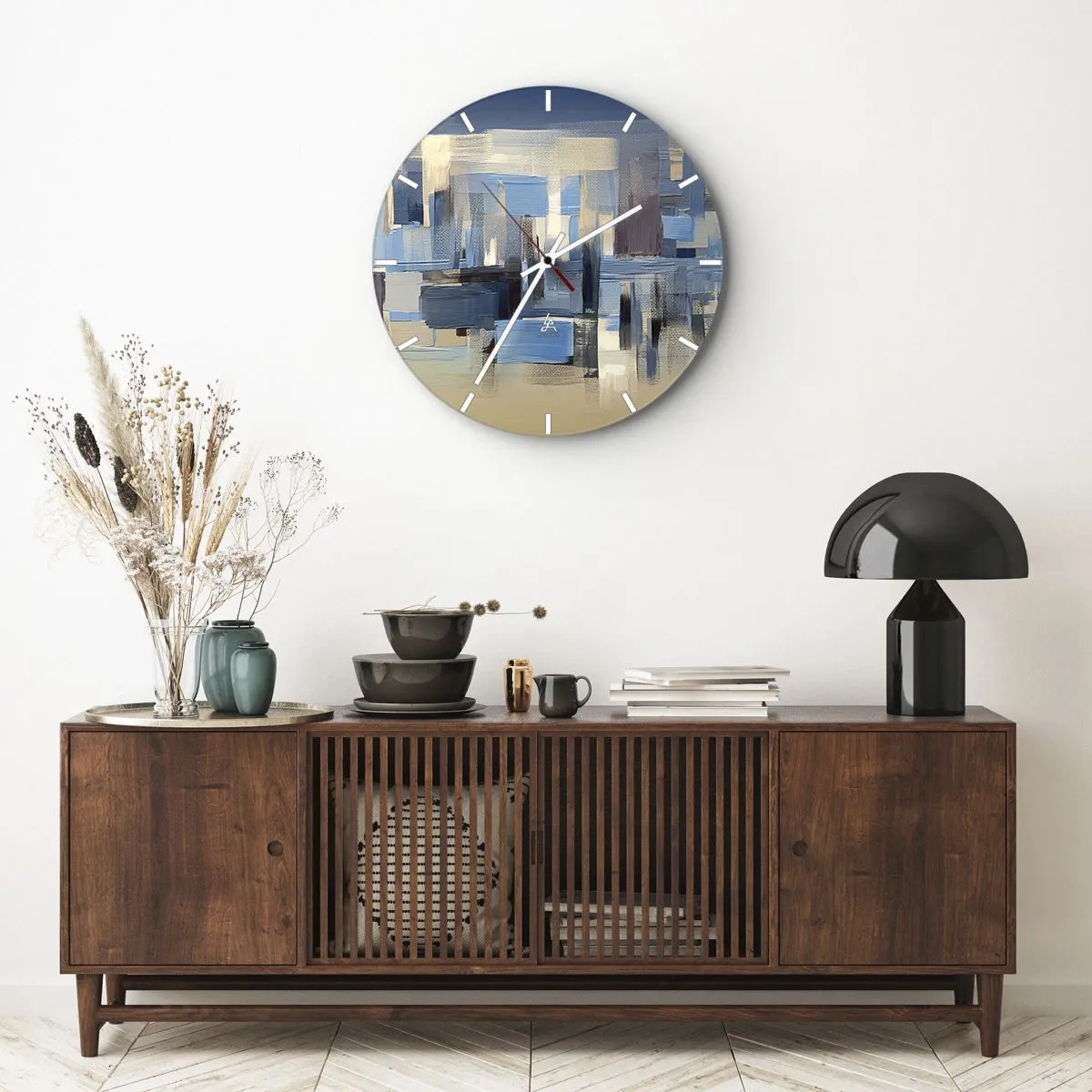 Nástěnné hodiny - Abstraktní geometrická kompozice v odstínech modré - 30x30cm - Modrá konstrukce - Moderní nástěnná dekorace do obývacího pokoje, kuchyně a ložnice ARTTOR