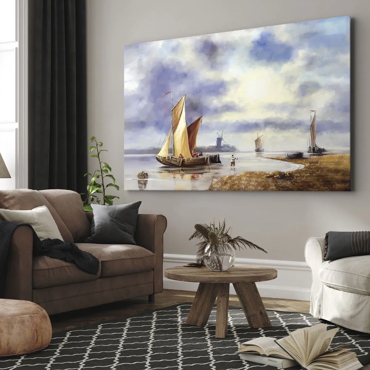 Obraz na plátně - Plachetnice na klidné vodě s větrnými mlýny v pozadí - 70x50cm - Návrat námořníků - Moderní nástěnná dekorace do obývacího pokoje a ložnice ARTTOR