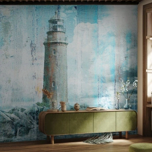 Fototapeta Standard Eco - Maják proti obloze ve vintage stylu se starým efektem - 100x70cm - Na starém dřevě - Moderní nástěnná dekorace do obývacího pokoje a ložnice ARTTOR