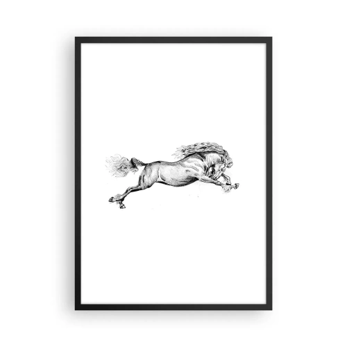 Plakát v černém rámu - Ilustrace cválajícího koně v černé a bílé - 50x70cm - Zastavený v cvalu - Moderní nástěnná dekorace do obývacího pokoje a ložnice ARTTOR