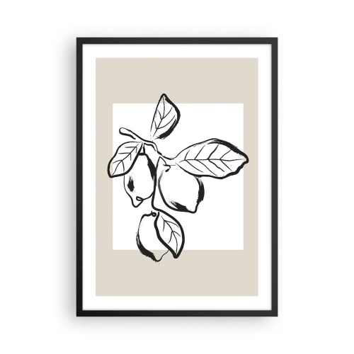 Plakát v černém rámu - Minimalistická ilustrace citronové větve v černobílém stylu. - 50x70cm - Kde citron dozrává… - Moderní nástěnná dekorace do obývacího pokoje a ložnice ARTTOR
