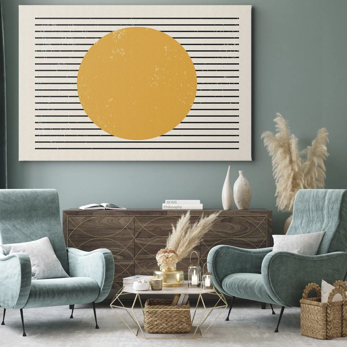 Obraz na plátně - Žlutý kruh na pozadí černých a bílých vodorovných čar - 70x50cm - Síla jednoduchosti - Moderní nástěnná dekorace do obývacího pokoje a ložnice ARTTOR