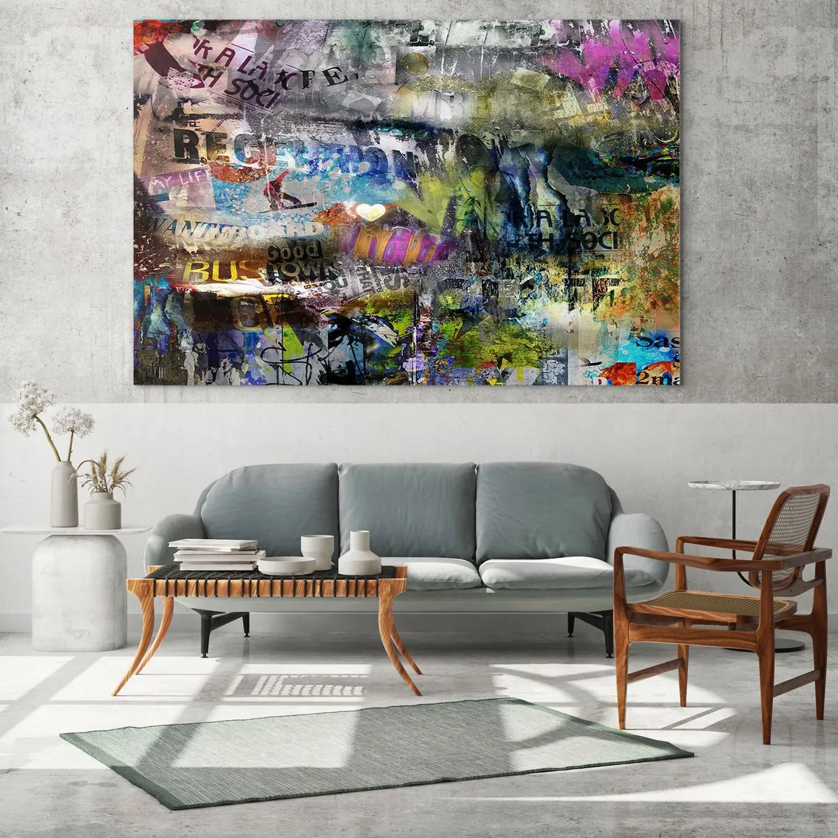 Obraz na skle - Barevná abstraktní graffiti koláž - 70x50cm - Koláž vzpomínek - Moderní nástěnná dekorace do obývacího pokoje a ložnice ARTTOR