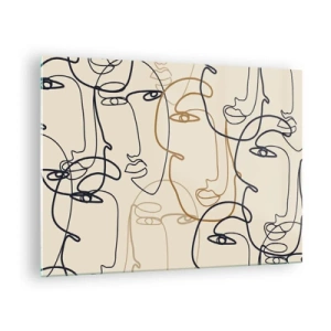 Obraz na skle - Konturované obličeje nakreslené jedním tahem na béžové - 70x50cm - Portrét znásobený - Moderní nástěnná dekorace do obývacího pokoje a ložnice ARTTOR